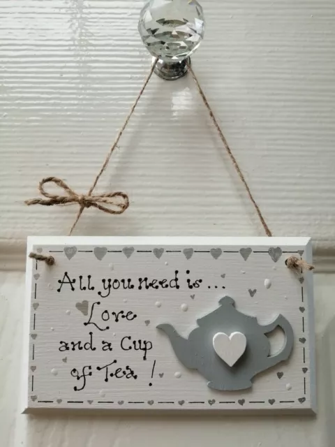 ☕ Handmade Love and a Cup of Tea Pot Plaque Sign Gift Present Shabby Chic *