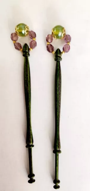 Set of 2 Wood Lace Bobbins with Glass  Beads