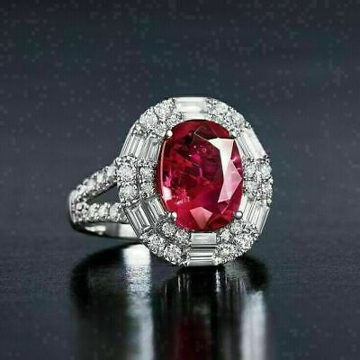 3CT Lab-Created Oval Cut Red Ruby Halo Women's Ring 14K White Gold Finish