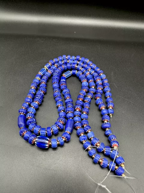 2 Genuine Ancient Old Venetian African Trade Glass Beads Necklace Blue Beauty