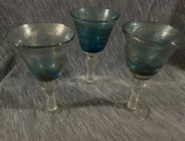 3 Vintage Artland IRIS Slate Blue With Gold Swirls Hand-Blown - Each Are Unique