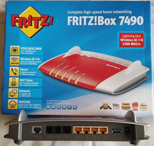Fritz Box 7490 AVM Modem Router Fibra ADSL-VDSL Wi-Fi 2.4/5GHz fino a 1300 Mbps
