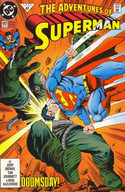 ADVENTURES OF SUPERMAN #497 F/VF, Doomsday, Direct DC Comics 1992 Stock Image