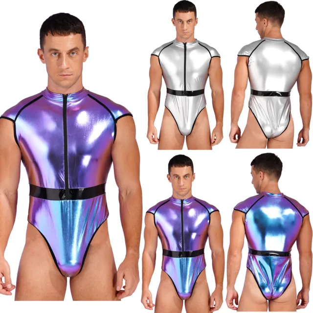 Mens Patent Leather Bodysuit Clubwear Catsuit Leotard Halloween Cosplay Costume