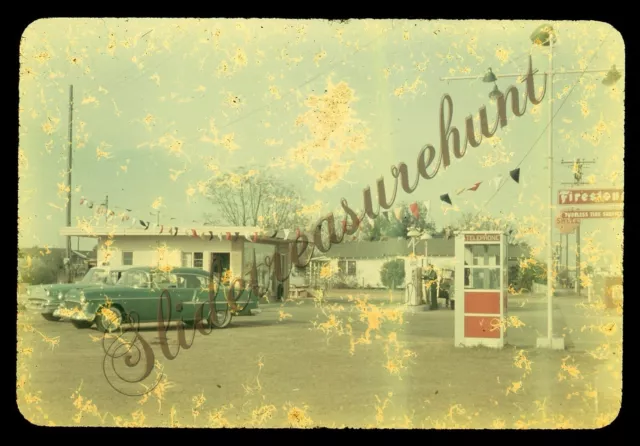 Shell Gas Station Cars 35mm Slide 1950s Damaged Firestone Telephone Booth