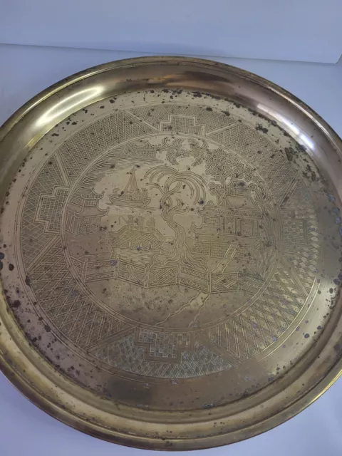 2 Pair Vintage engraved brass tray charger Oriental Chinese round 16 inch heavy 2