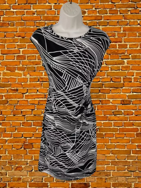 Womens Debenhams Size Uk 12 Black White Mix Cap Sleeve Sheath Dress Knee Length