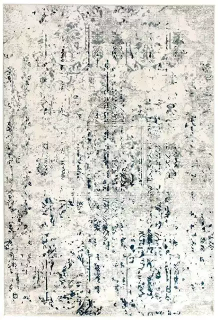 Modern Distressed Rug White Blue Grey Floor Cover Carpet Mat Shaggy Pile Decor