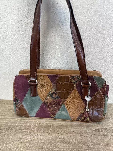 Women’s Fossil Leather and Patchwork Tapestry Purse Handbag Vintage