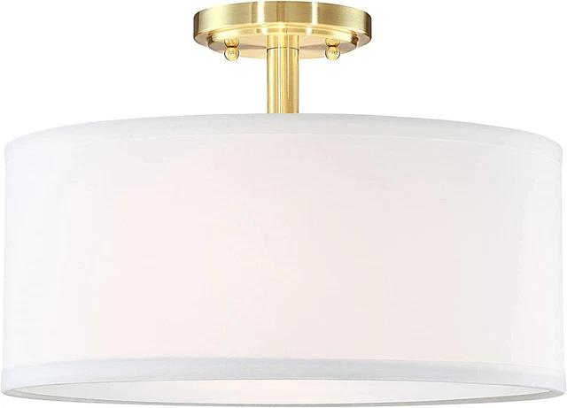 2 Light 12" Fabric Drum Shade Gold Semi Flush Mount Ceiling Light PS Diffuser wi