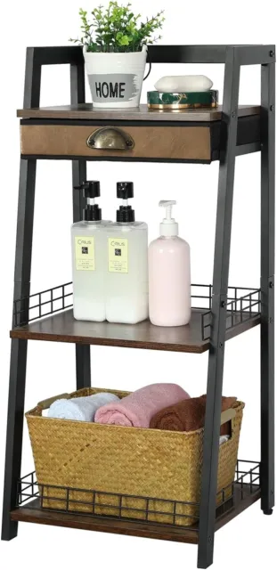 3-Tier Bathroom Ladder Shelf, Bathroom Floor Storage Shelf with Drawer, Freestan