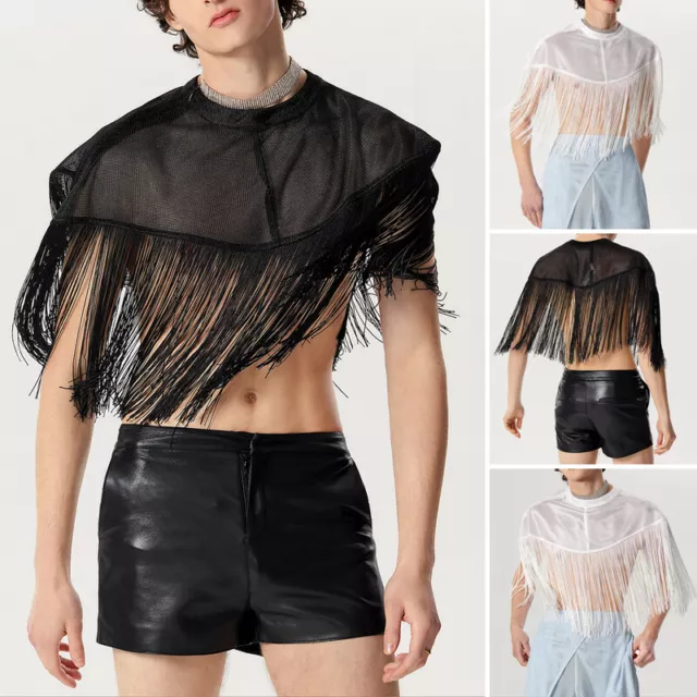 INCERUN Mens Tassel Sleeveless Cloaks Crop Tops Sexy Transparent Coat Jacket