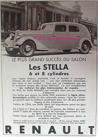 Ancienne Publicite De 1933 Renault Les Stella 6 Et 8 Cylindres French Car  Ad