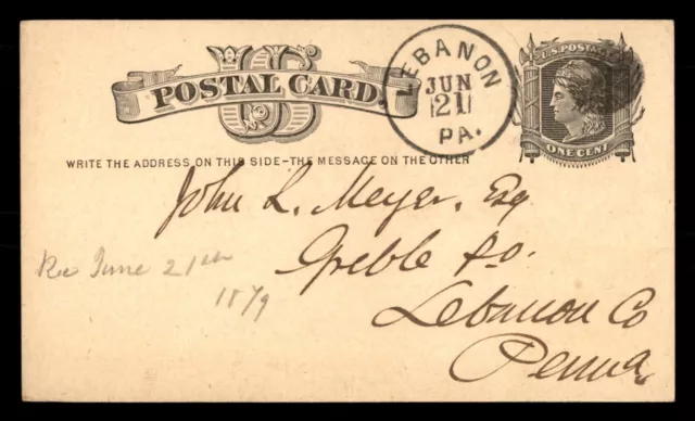 MayfairStamps US 1879 Pennsylvania Lebanon to Greble Stationery Card aaj_57381