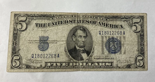 1934 C  Silver Certificate Five Dollar Bill (Fancy Serial Number 3 Pairs)