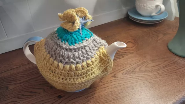 Handmade Crocheted Tea Cozy With Butterfly Topper For 4 Cup Teapot