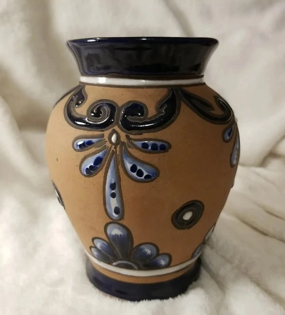 7 1/2 Inches A  Beautiful Vintage Terra Cotta Vase Urn Royal & Light Blue Colors
