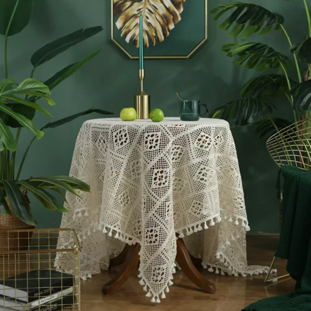 Vintage Tablecloth Hand Crochet Cotton Doily Round Lace Table Topper Beige