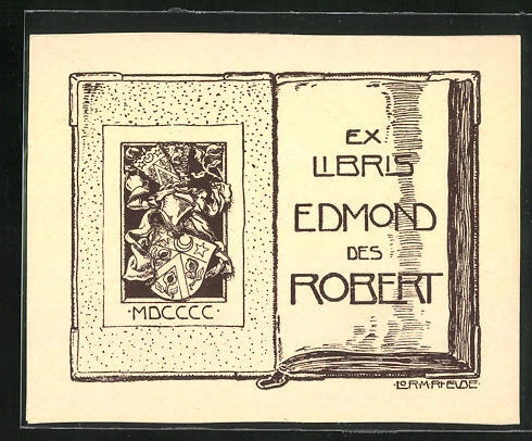 Exlibris von Lorenz M. Rheude für Edmond des Robert, offenes Buch mit Wappen-Ex