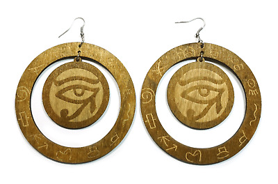 TB Big Egyptian Goddess Eye of Horus Wooden Engraved Symbols Fashion Earrings