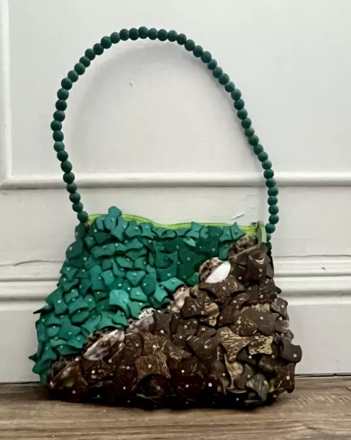 Mido Collection New Vintage Philippines Turquoise Brown Shell Purse Hand Bag Zip