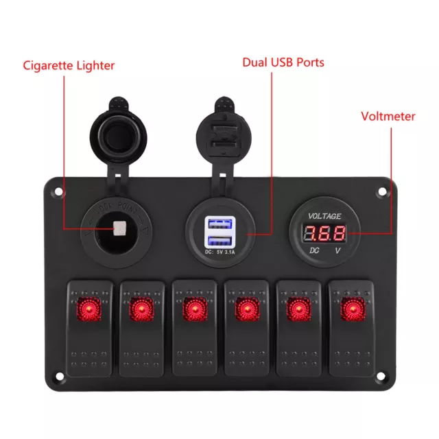 12V 24V 6 Gang Car Boat Marine LED Rocker Switch Panel Dual USB Voltmeter