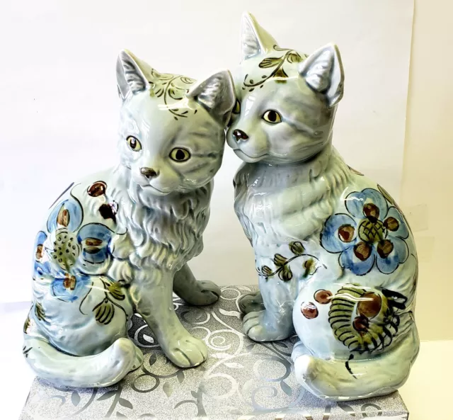 Set of Two Shafford Cats Figurines Pale Blue Green Floral Ceramic Japan