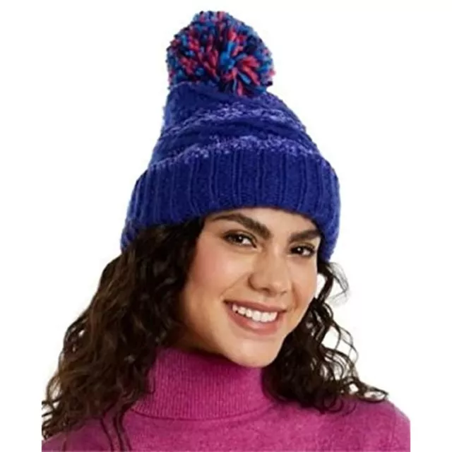 $29 INC Chenille Striped Multi-Pom Beanie Cobalt Blue One Size