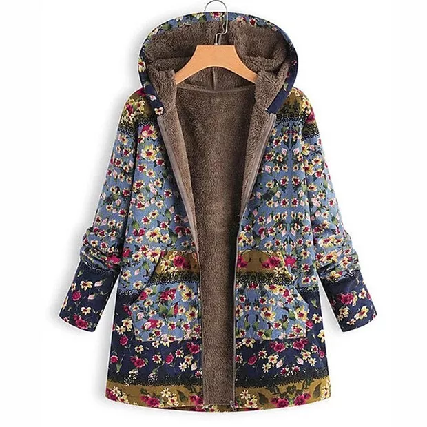 Womens Cotton Jacket Printing Floral Hooded Fleece Mid Length Coat Zipper sz