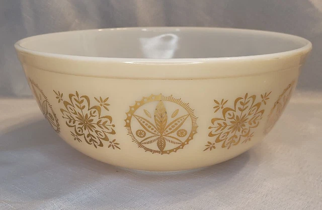 Vintage Pyrex 404 Tan Gold Hex Signs 4 qt promotional mixing bowl 1958-60 NICE