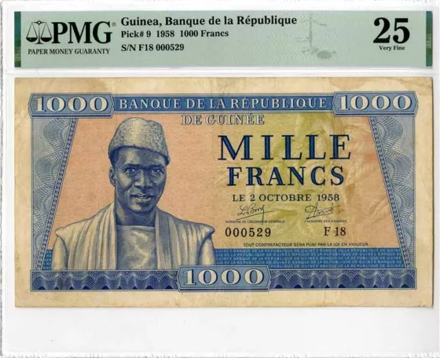 Banque de la Republique de Guinea, 1958, 1000 Francs, P-9 PMG 25 VF