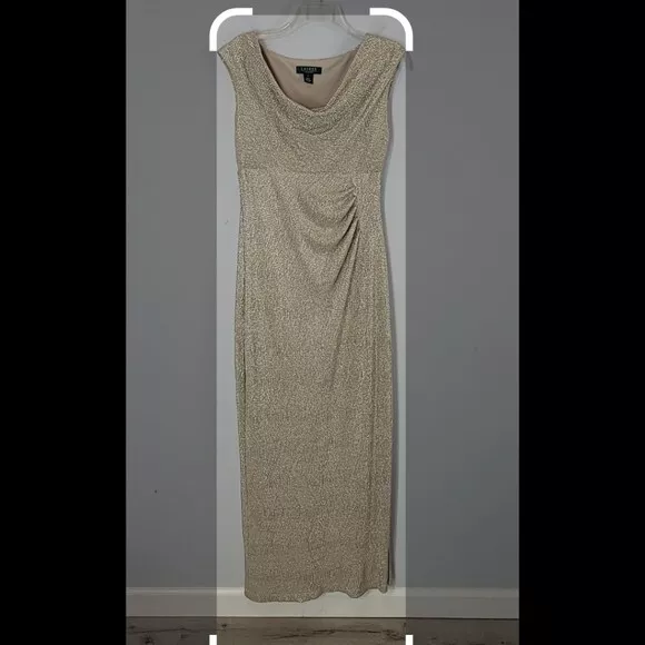 Ralph Lauren Evening Champagne Gold cowl neck long maxi dress size 4