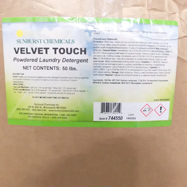 Sunburst Chemicals Velvet Touch Laundry Detergent, 50 lb  (New Damaged Box)