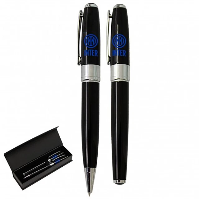 Set Penna E Roller In Ottone Fusto Laccato Nero F.c. Inter Prodotto Ufficiale