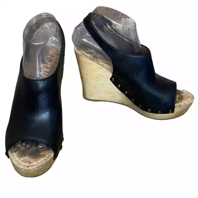 Sam Edelman Camilla Saddle Black Leather Slingback Wedge Shoes Size 8