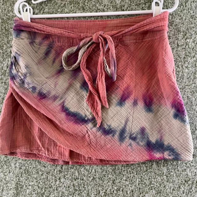 Free People Skirt Women 8 Pink Tie Dye Cotton Gauze Faux Wrap Mini Boho Festival