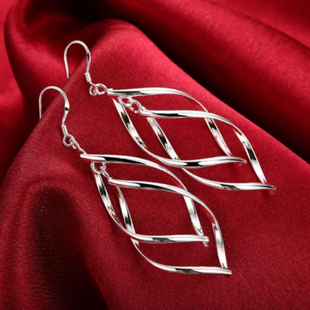 Womens Sterling Silver Twisted Leaf Spiral Long Drop Dangle Earrings #EA27