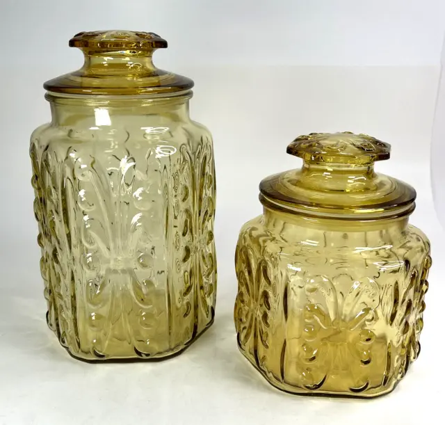 Imperial Glass Amber Gold Kitchen Canisters Jars Atterbury Scroll  9" & 6.5"
