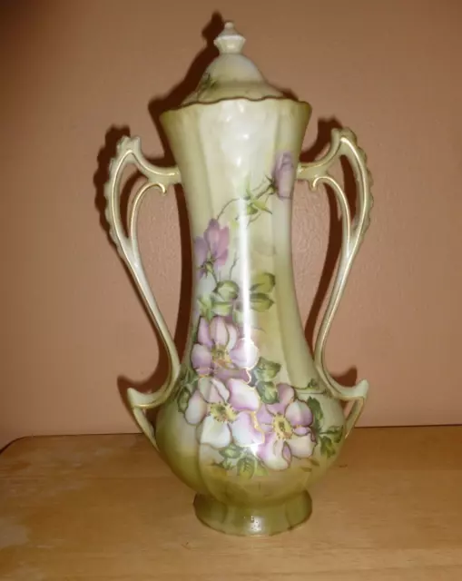 Vintage Nippon Hand Painted Flower Vase / Urn Double Handles w/Lid Green - pink