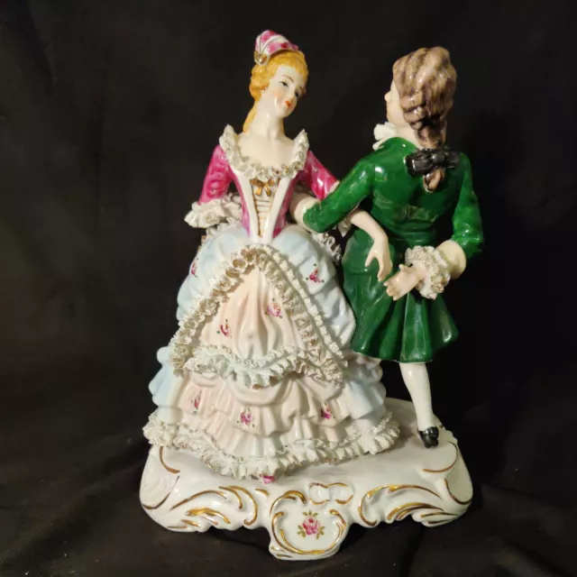 Rare 10" Volkstedt Porcelain Lace Dancing Couple Group Figurines Ornament