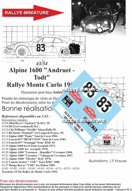 DECALS 1/24 REF 493 ALPINE RENAULT A110 THERIER RAC RALLY 1973 RALLYE WRC