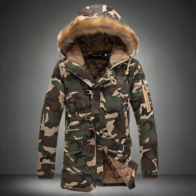 Mens Thicken Camo Jacket Coat Fur Hooded Cotton Padded Warm Outwear Parka Winter