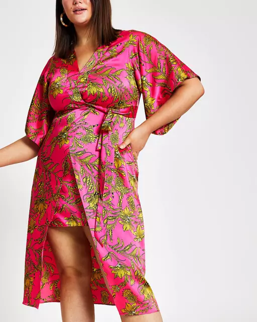 BNWOT RIVER ISLAND Plus Pink Floral Print Midi Kimono Dress