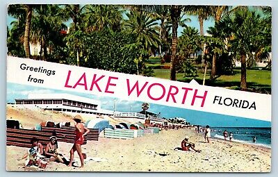 Postcard FL Banner Dual View Greetings From Lake Worth Vintage O12