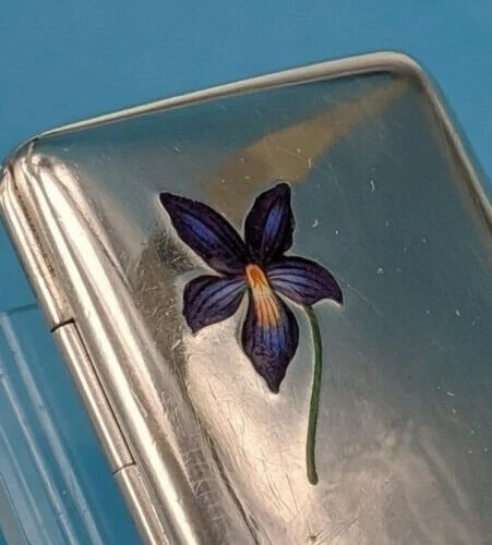 Art deco 800 Solid silver card case with enamel purple flower gold washed inside