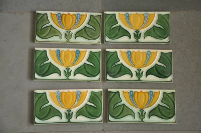 6 Pc Vintage D.K Trademark Lotus Flowers Embossed Ceramic Tiles,Japan