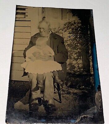 Rare Antique Victorian American Very Old Grandpa & Grandchild Tintype Photo! US!