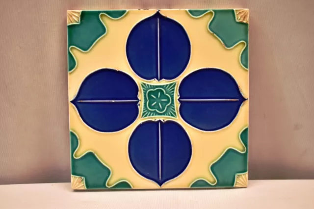 Vintage Japan Tile Majolica Art Nouveau Danto Kaisha Porcelain Blue Leaf Four"86 2