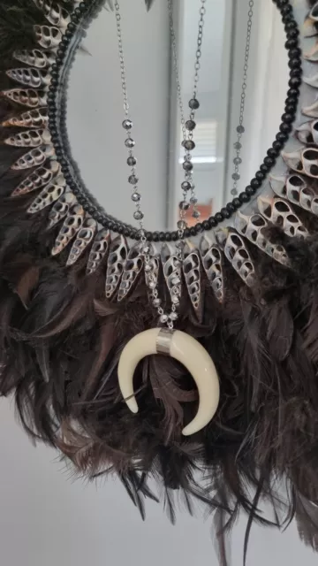 Bone double horn / crescent moon pendant on pyrite beaded silver necklace, boho