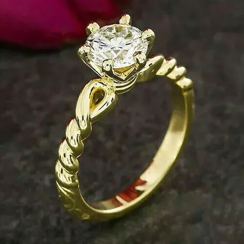 2CT Coupe Ronde Labo Diamant Synthétique Femmes Fiançailles Bague 14K or Jaune